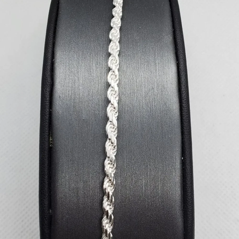 Sterling Silver 925 High Polished Diamond Cut Rope Bracelet 3.4mm 9 inches